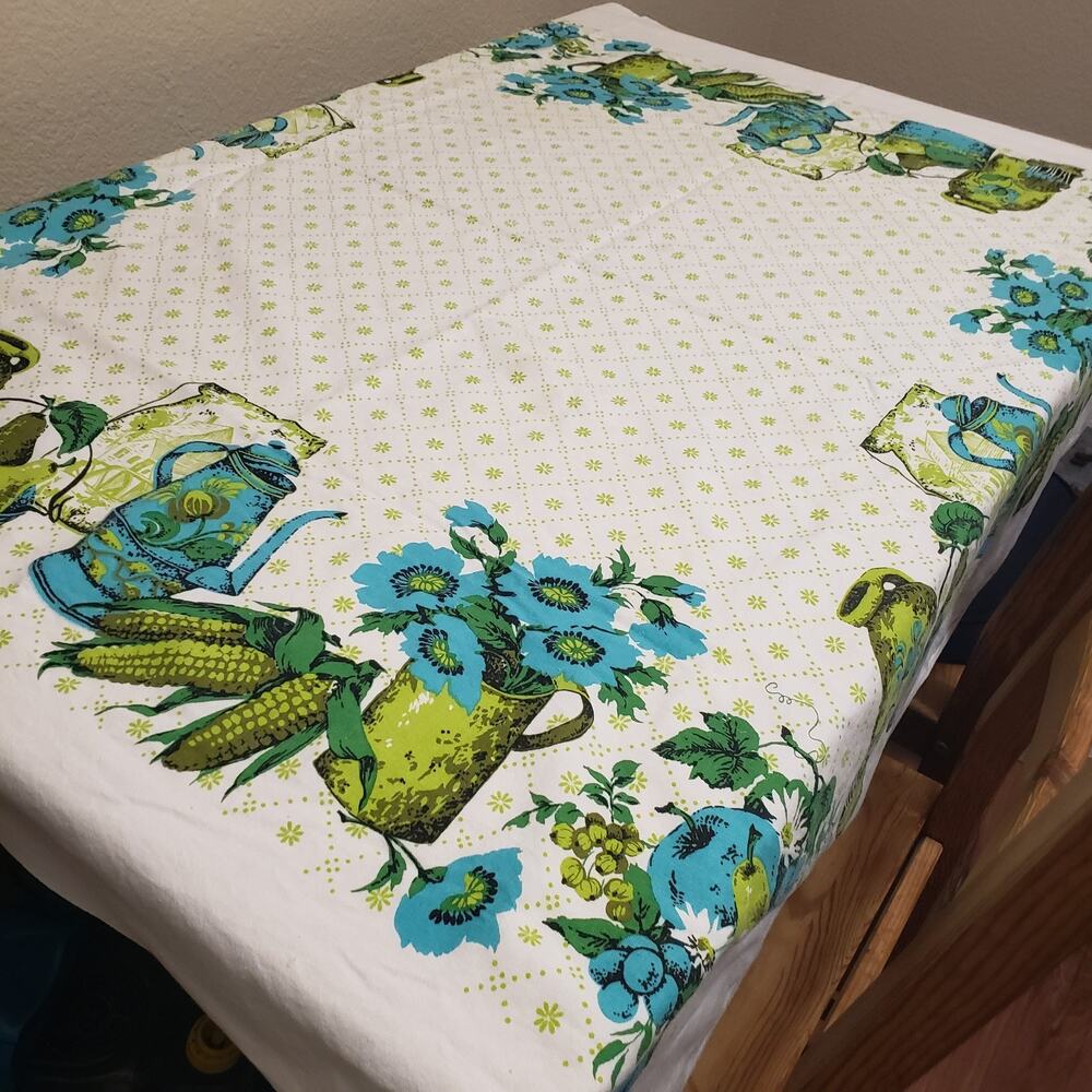 Vintage MCM Tablecloth 47"x52" Turquoise Green Kitchen Fruit Barkcloth Texture